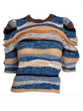 Ulla Johnson Odie Striped Knit Top Aegean Blue Gold Puff Sleeve Cotton Blend Med